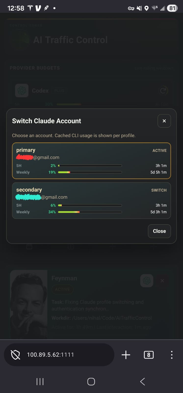 Account switcher modal showing usage across accounts