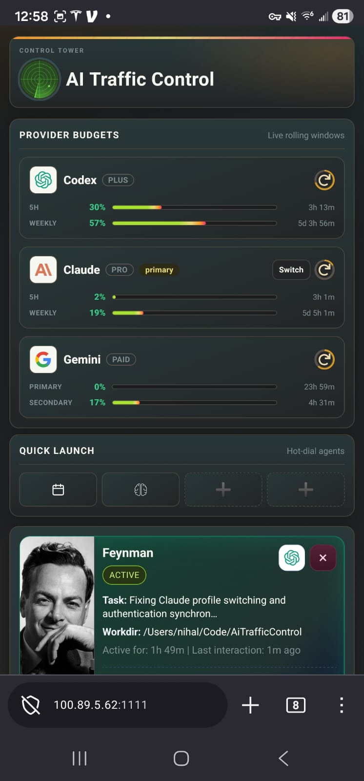 AI Traffic Control dashboard with Switch button